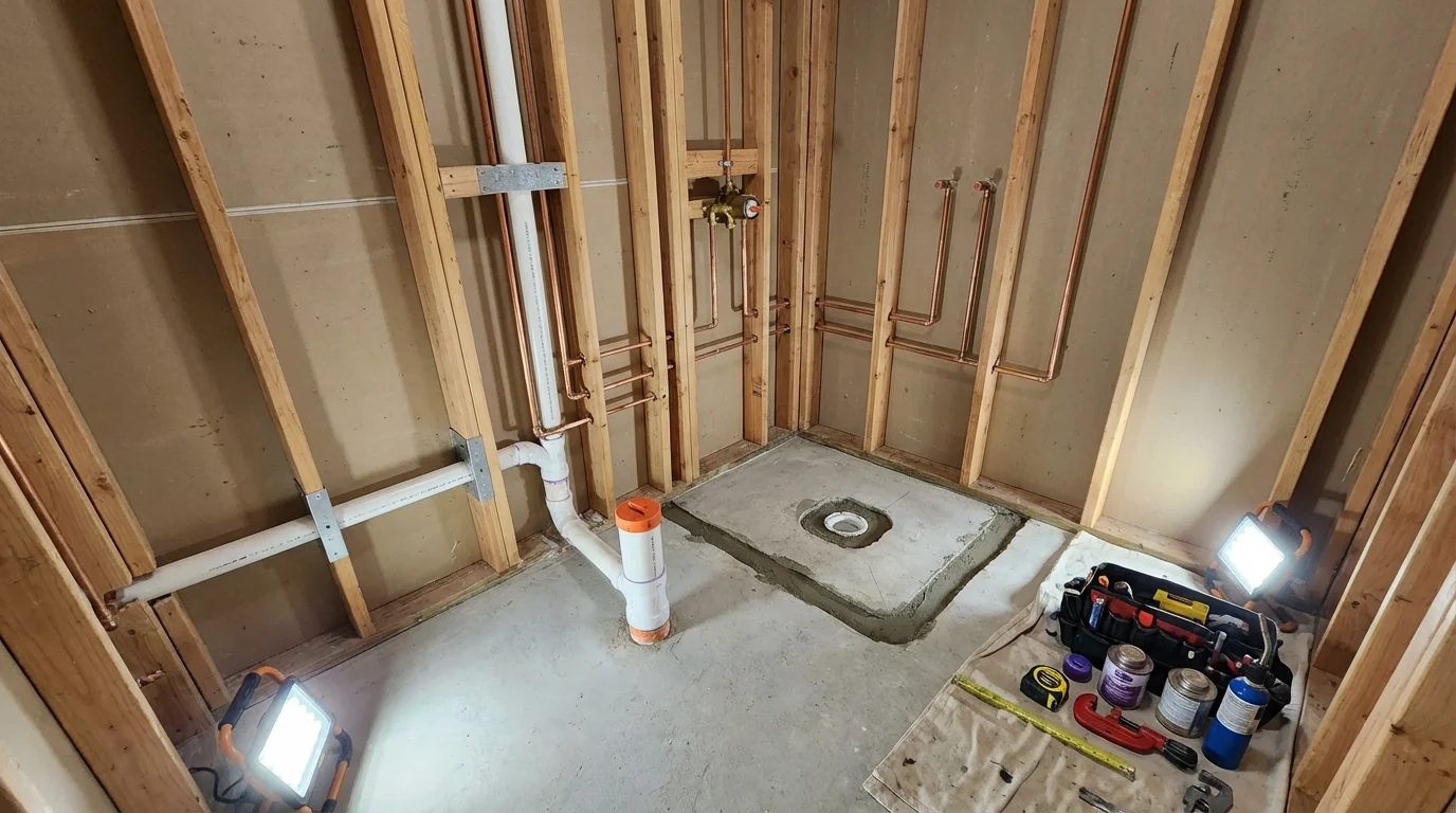 Bathroom rough-in plumbing during remodel by Johns Plumbing LLC in East Berlin