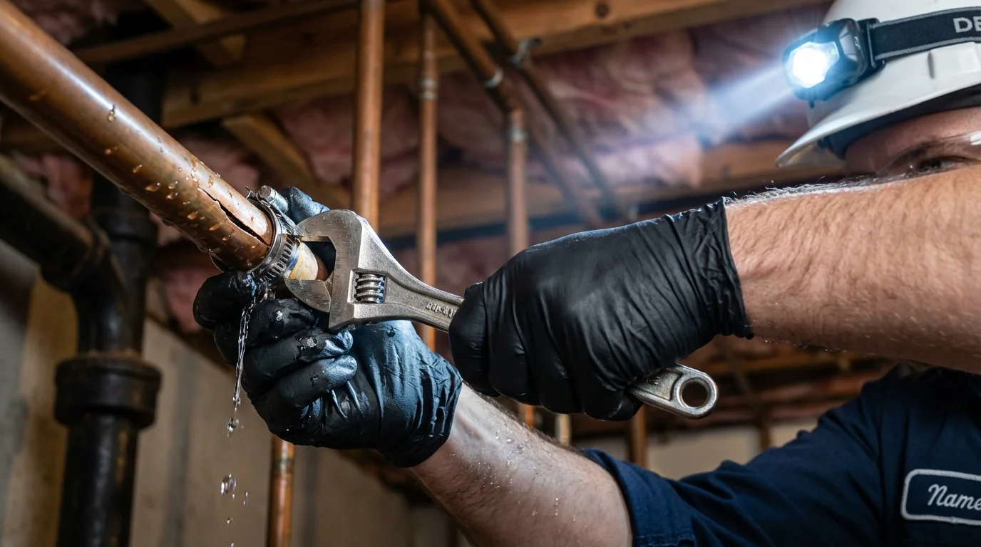 Emergency pipe clamp repair being performed by a Johns Plumbing LLC plumber in East Berlin
