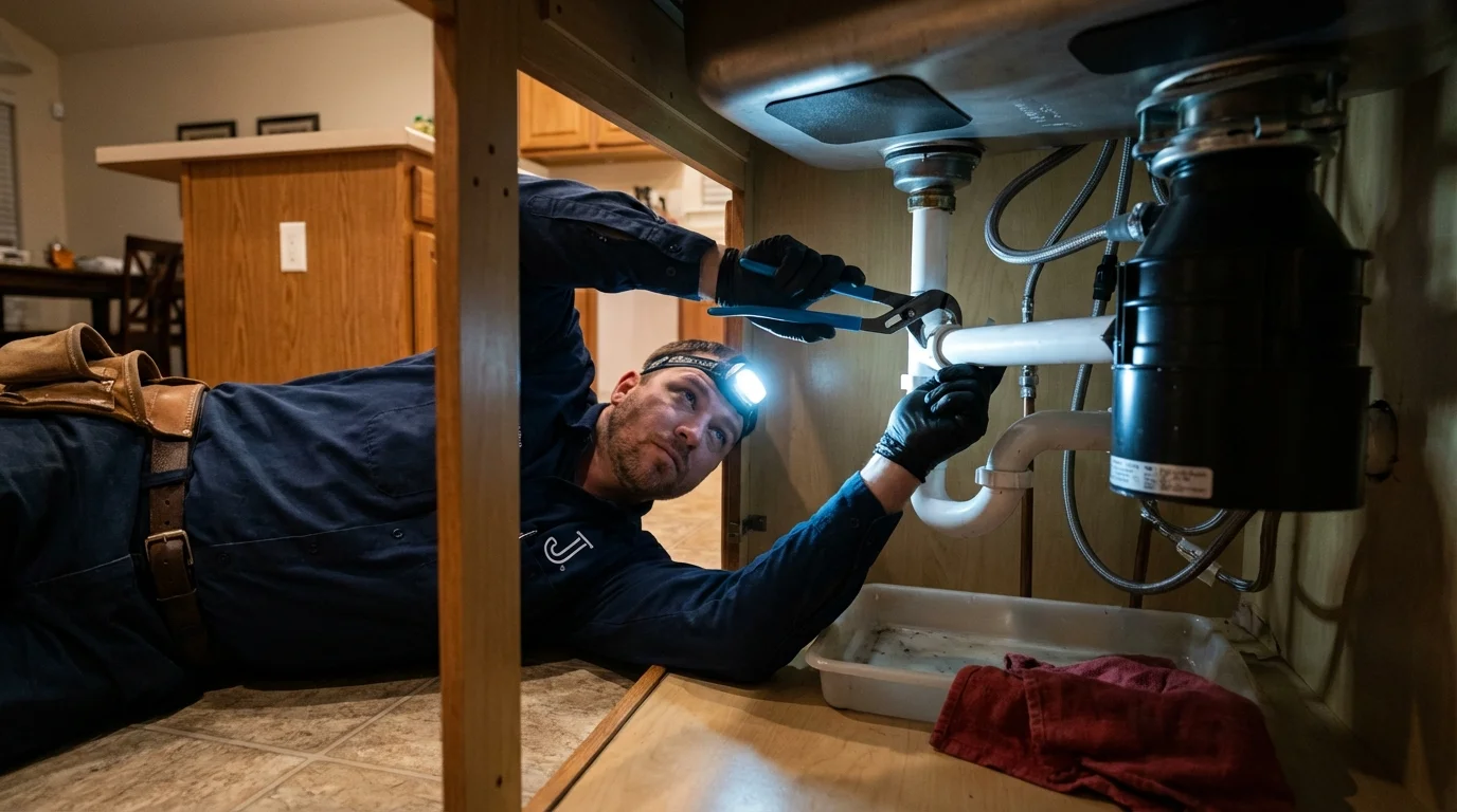 P-trap and supply line connections under a kitchen sink showing a common leak point in East Berlin, PA